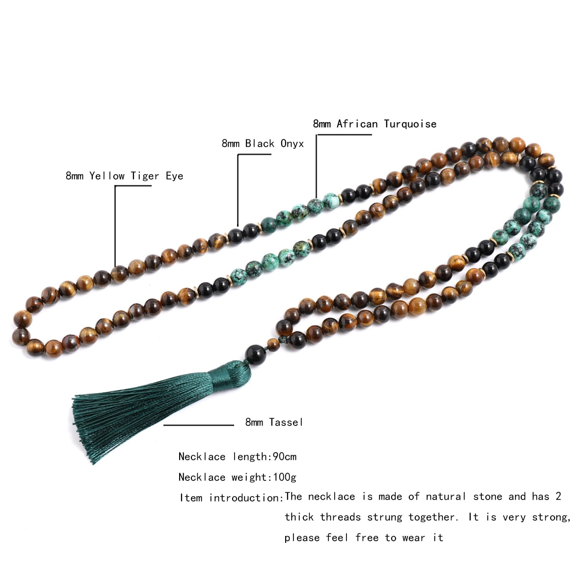 Black Onyx, Yellow Tiger Eye, African Turquoise 8mm Mala Beads