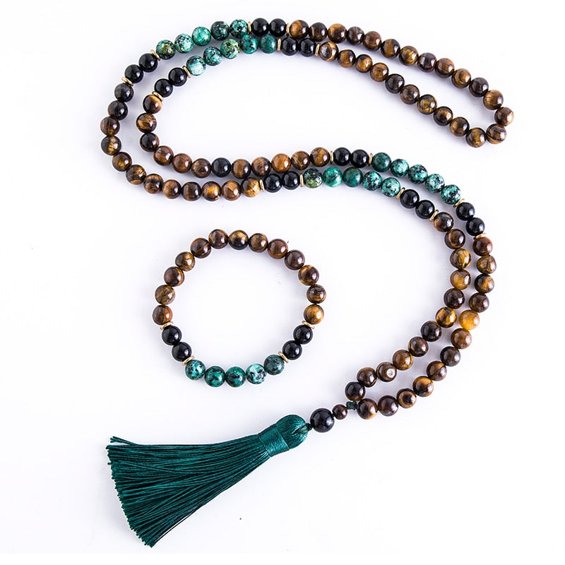 Black Onyx, Yellow Tiger Eye, African Turquoise 8mm Mala Beads