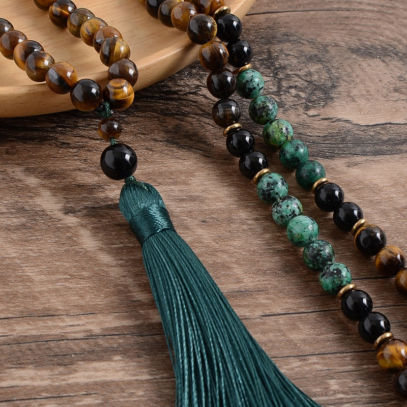 Black Onyx, Yellow Tiger Eye, African Turquoise 8mm Mala Beads