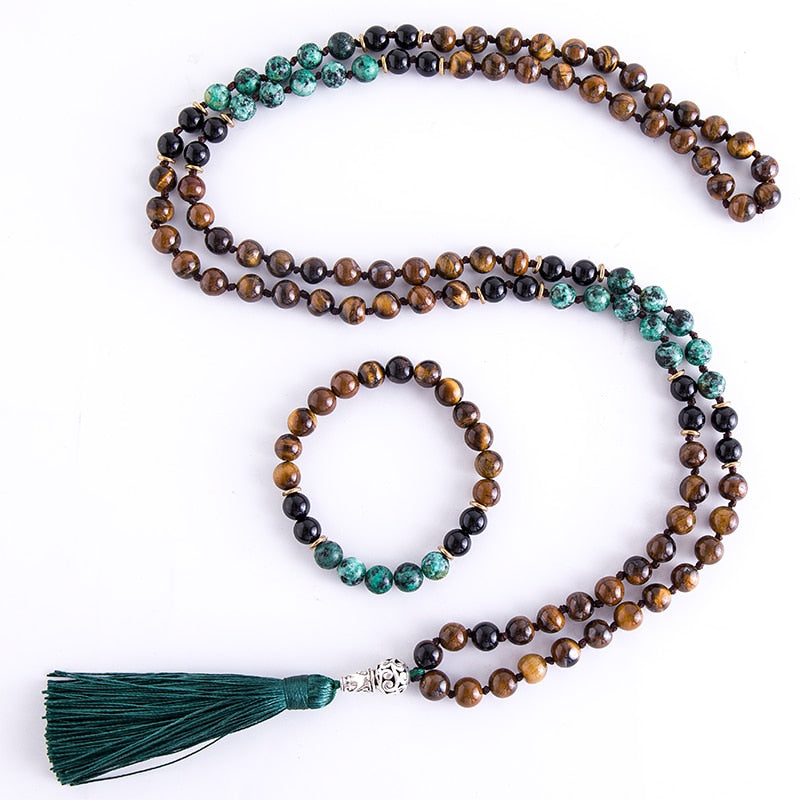 Black Onyx, Yellow Tiger Eye, African Turquoise 8mm Mala Beads