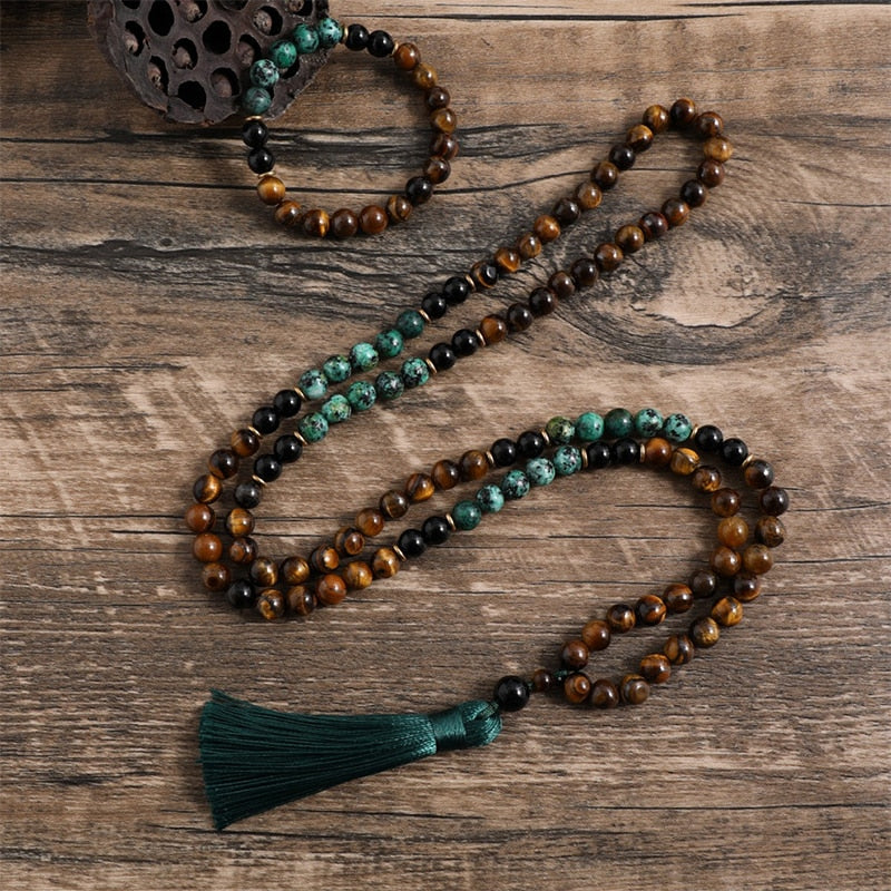 Black Onyx, Yellow Tiger Eye, African Turquoise 8mm Mala Beads