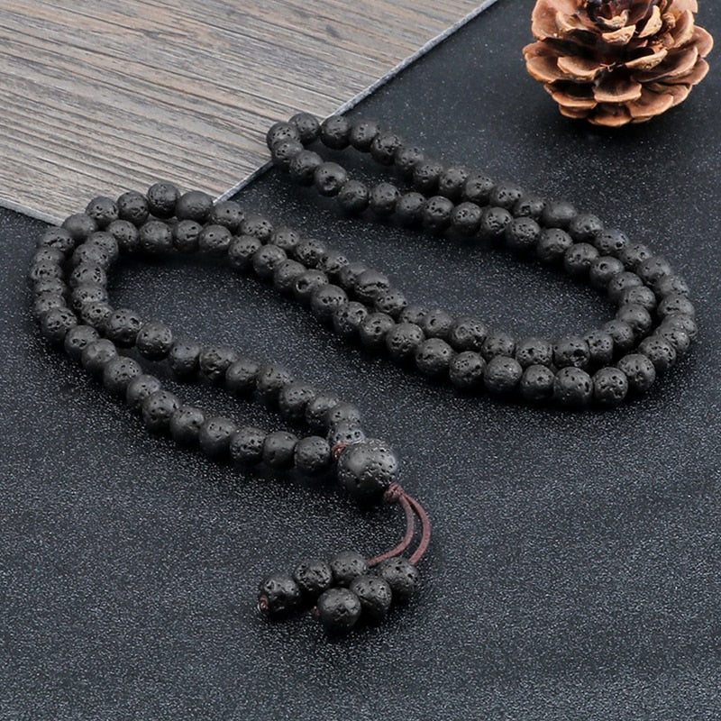 Black Lava Stone Mala Beads Meditation Necklace