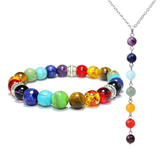 2 Piece Chakra Jewelry Set - Beaded Bracelet / Necklace