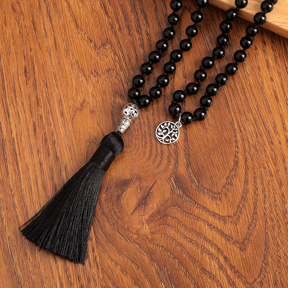 Black Onyx Mala Necklace with Tree of Life Pendant