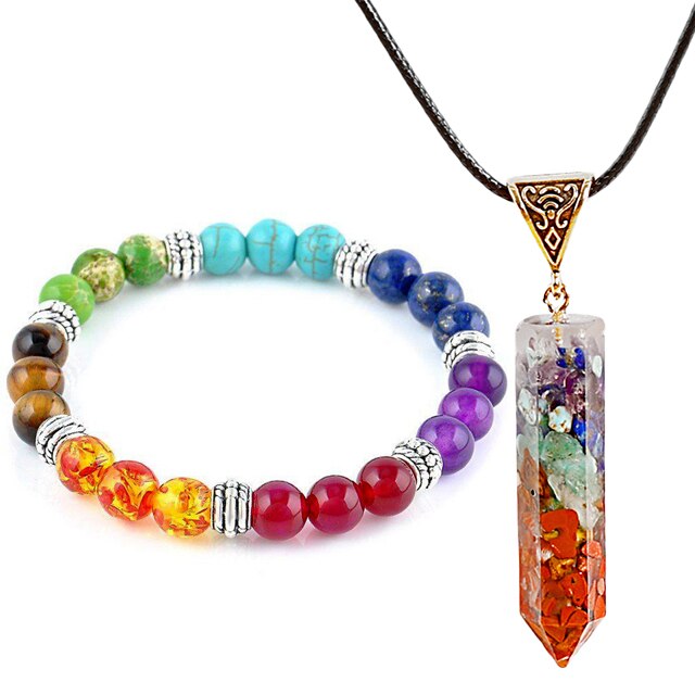 2 Piece Chakra Jewelry Set - Beaded Bracelet / Necklace