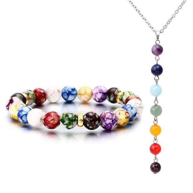 2 Piece Chakra Jewelry Set - Beaded Bracelet / Necklace