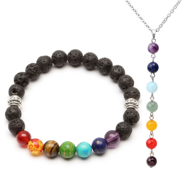 2 Piece Chakra Jewelry Set - Beaded Bracelet / Necklace