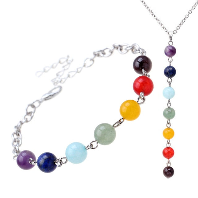 2 Piece Chakra Jewelry Set - Beaded Bracelet / Necklace