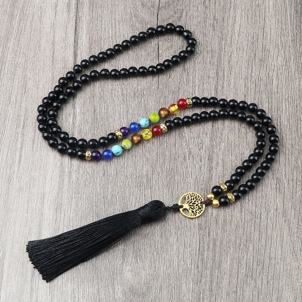 Black Onyx 7 Chakra Necklace with Tree of Life Pendant