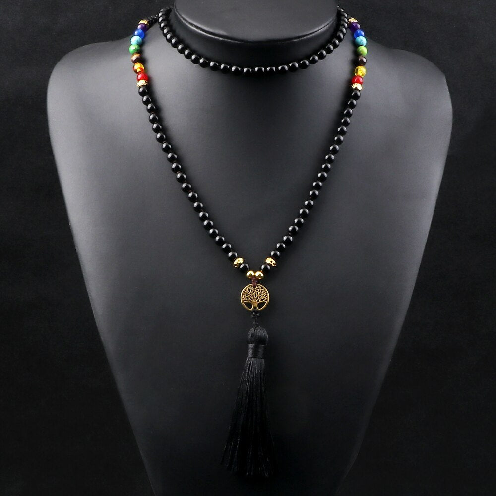 Black Onyx 7 Chakra Necklace with Tree of Life Pendant