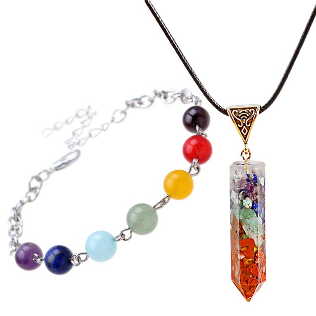 2 Piece Chakra Jewelry Set - Beaded Bracelet / Necklace