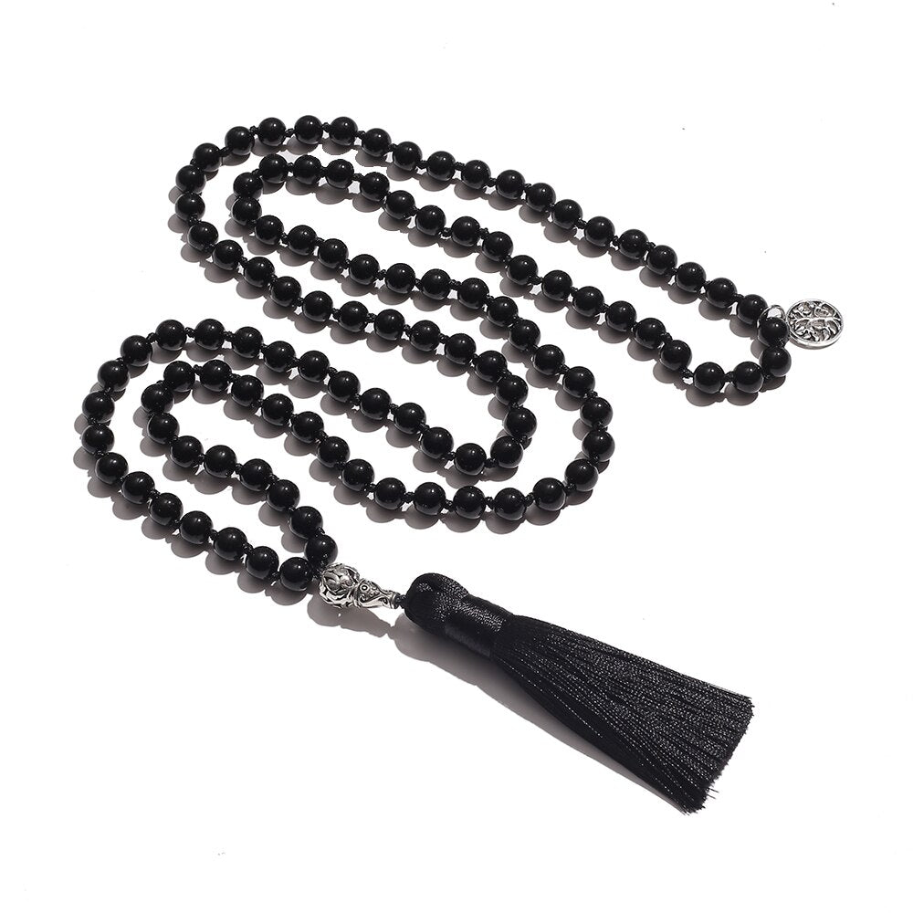 Black Onyx Mala Necklace with Tree of Life Pendant