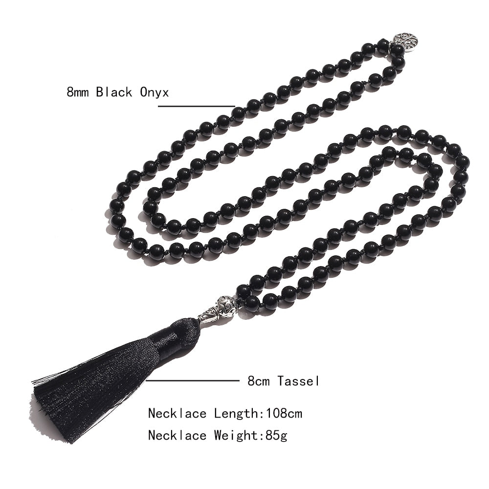 Black Onyx Mala Necklace with Tree of Life Pendant