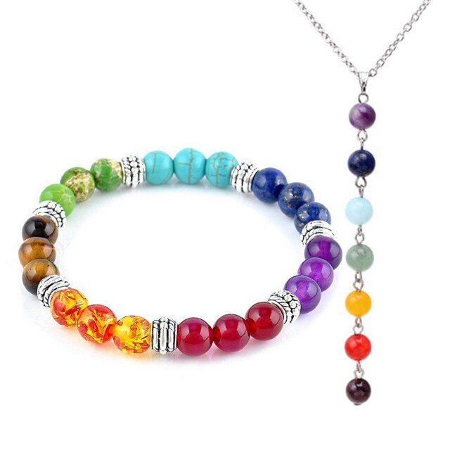 2 Piece Chakra Jewelry Set - Beaded Bracelet / Necklace