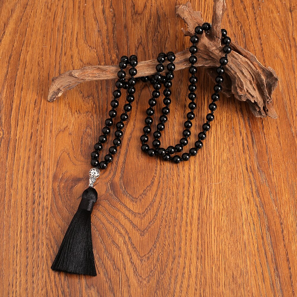 Black Onyx Mala Necklace with Tree of Life Pendant