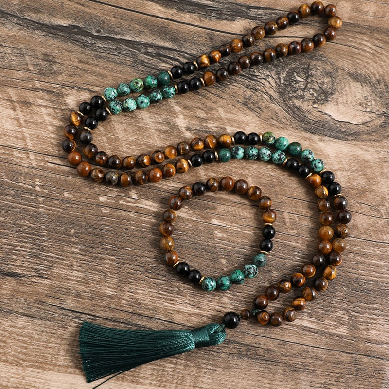 Black Onyx, Yellow Tiger Eye, African Turquoise 8mm Mala Beads