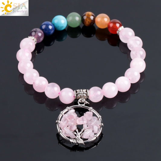 Tree of Life Pink Quartz Crystal Beaded Bracelet