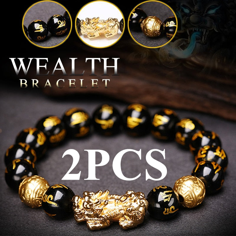 2 Piece Black Obsidian Pixiu Wealth Bracelet