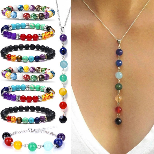 2 Piece Chakra Jewelry Set - Beaded Bracelet / Necklace