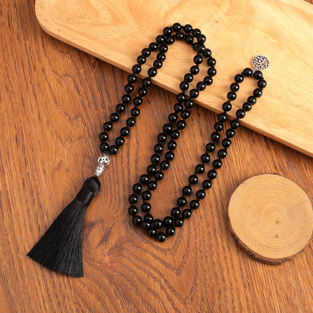 Black Onyx Mala Necklace with Tree of Life Pendant